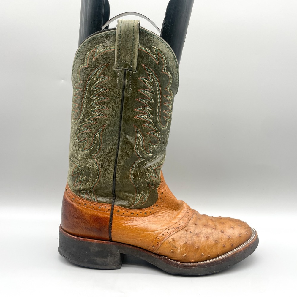 Tony Lama Mens 8 D Ostrich Western Cowboy Boots Brown Green Leather  VTG Rugged